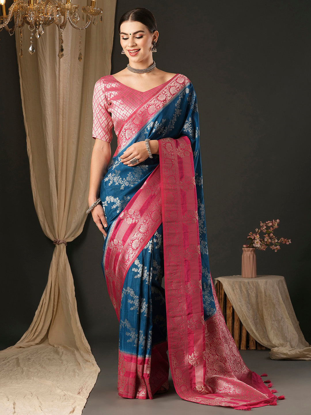 Georgette Pink Woven Design Designer Saree With Blouse