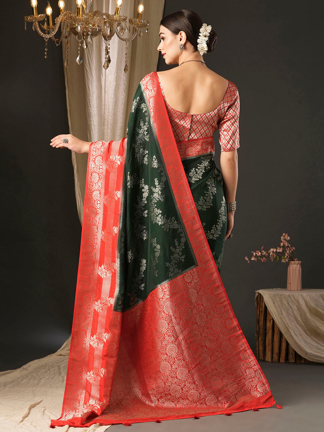 Georgette Red Woven Design Designer Saree With Blouse