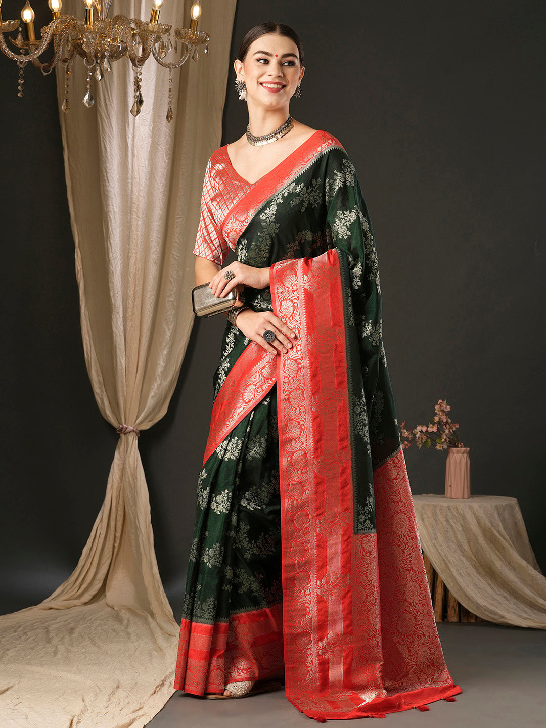 Georgette Red Woven Design Designer Saree With Blouse