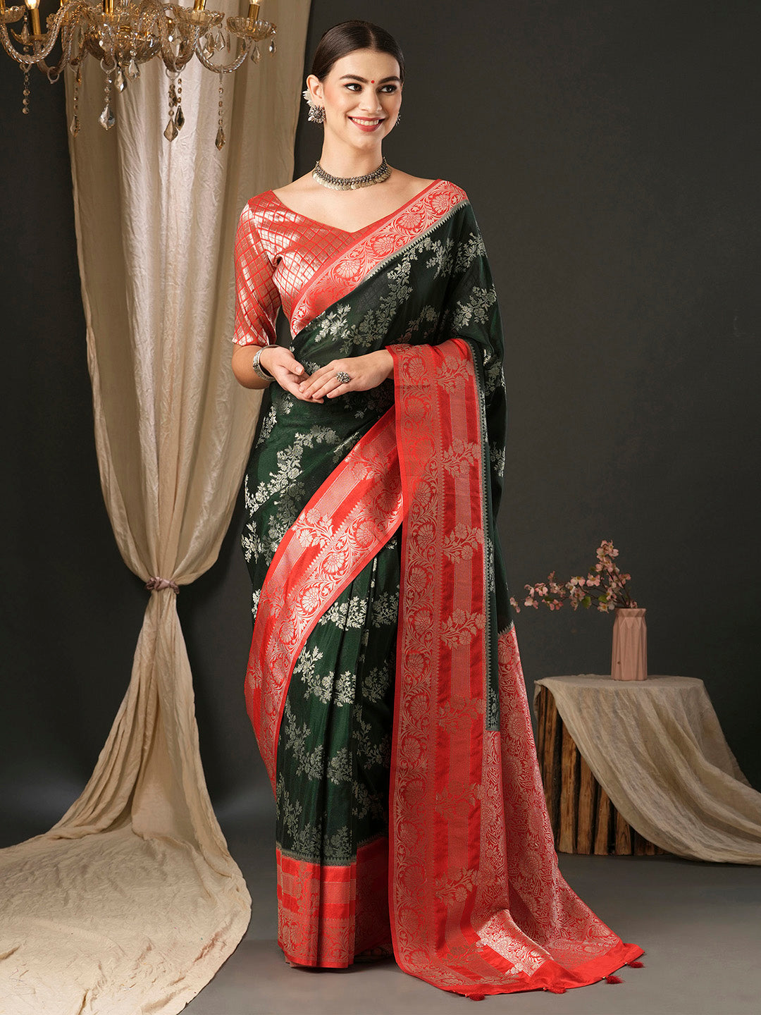 Georgette Red Woven Design Designer Saree With Blouse