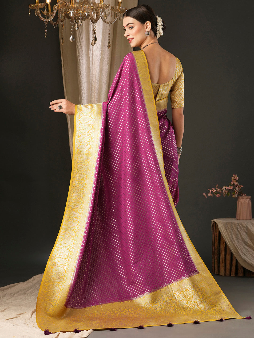 Georgette Yellow Woven Design Designer Saree With Blouse