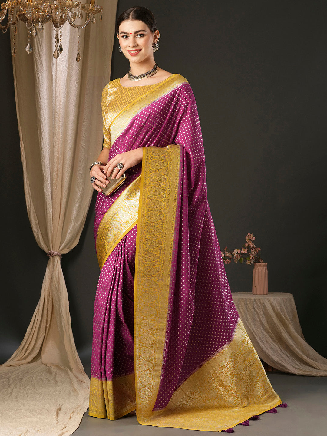 Georgette Yellow Woven Design Designer Saree With Blouse