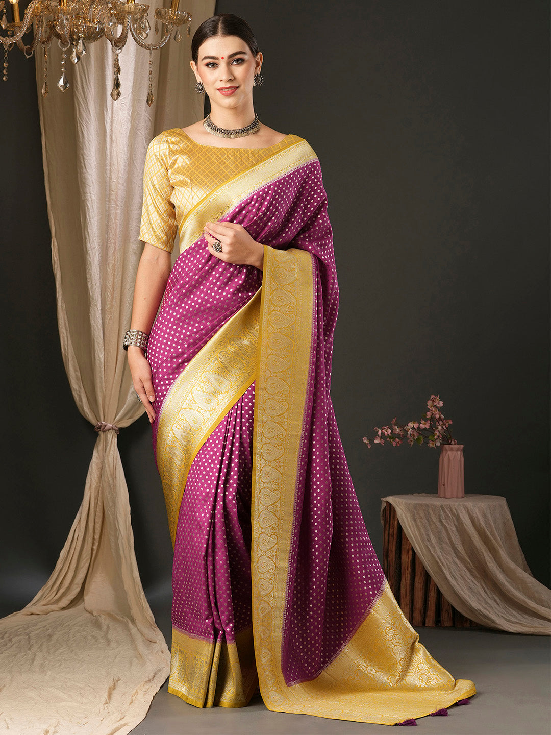 Georgette Yellow Woven Design Designer Saree With Blouse