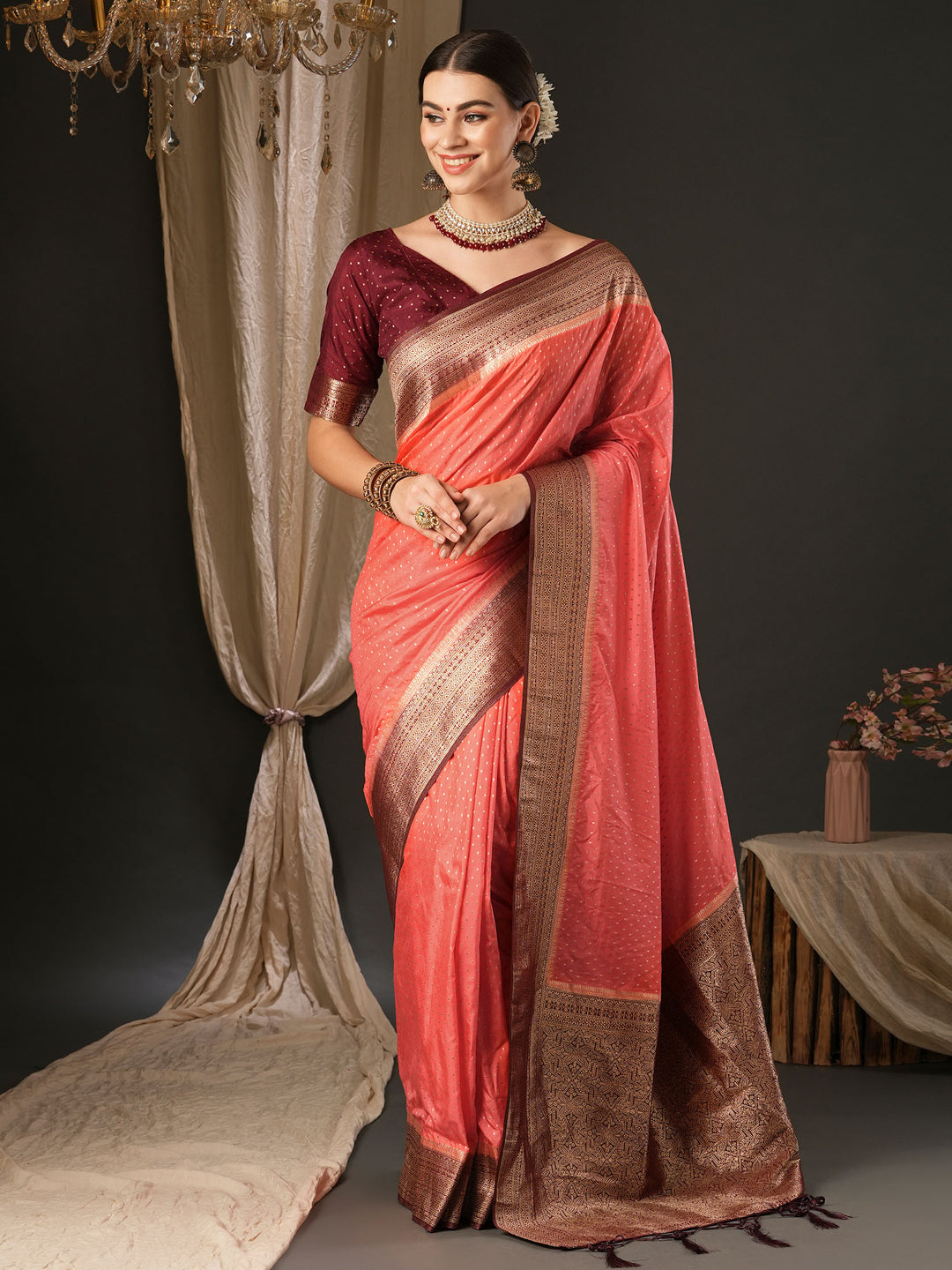 Silk Blend Maroon Woven Design Designer Saree With Blouse