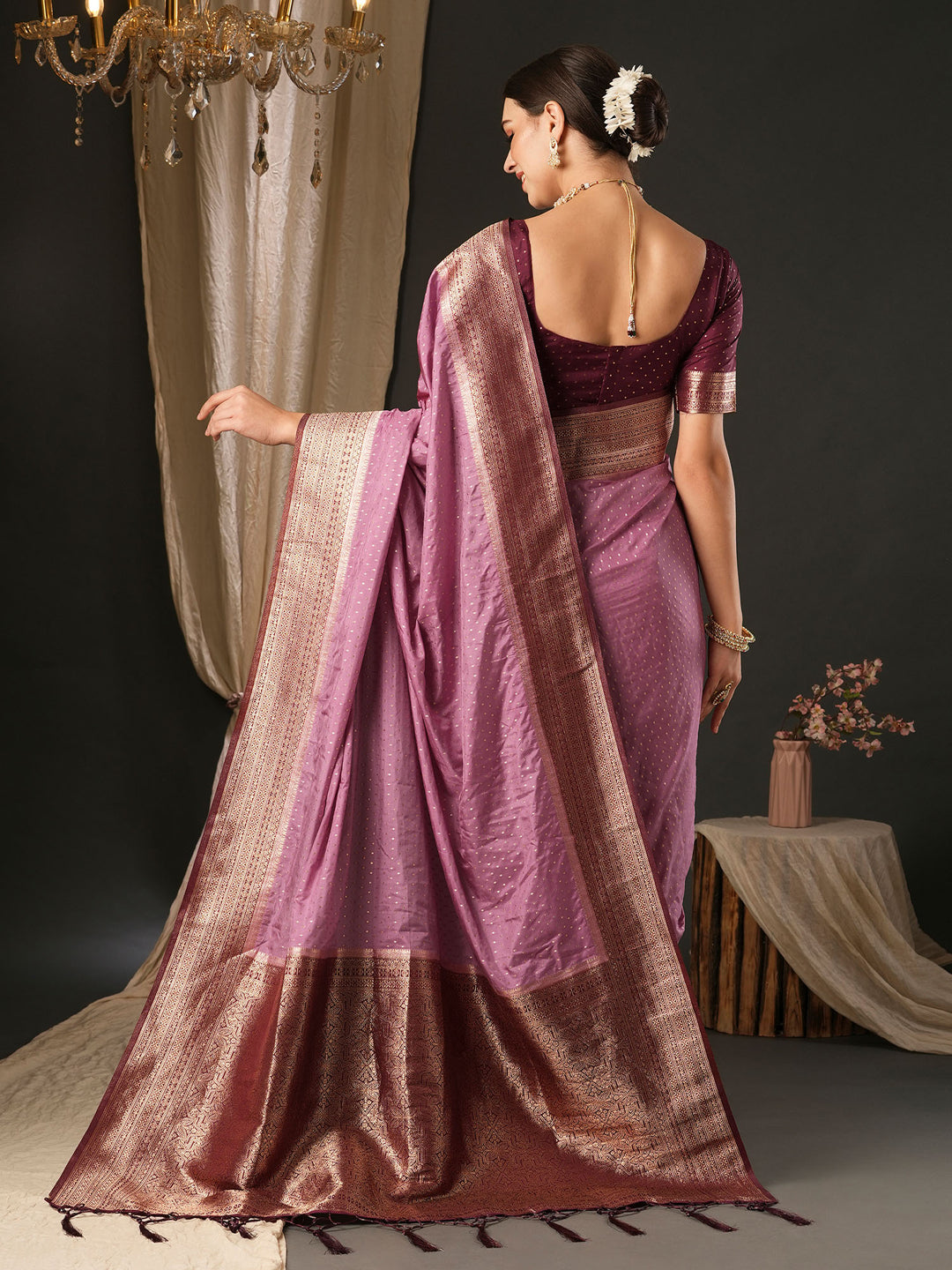 Silk Blend Magenta Woven Design Designer Saree With Blouse