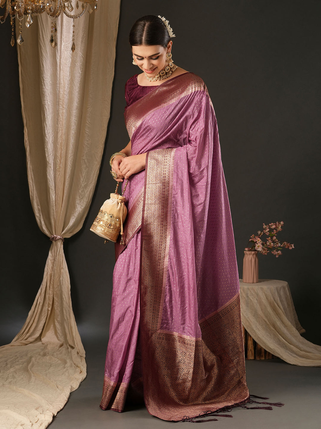 Silk Blend Magenta Woven Design Designer Saree With Blouse