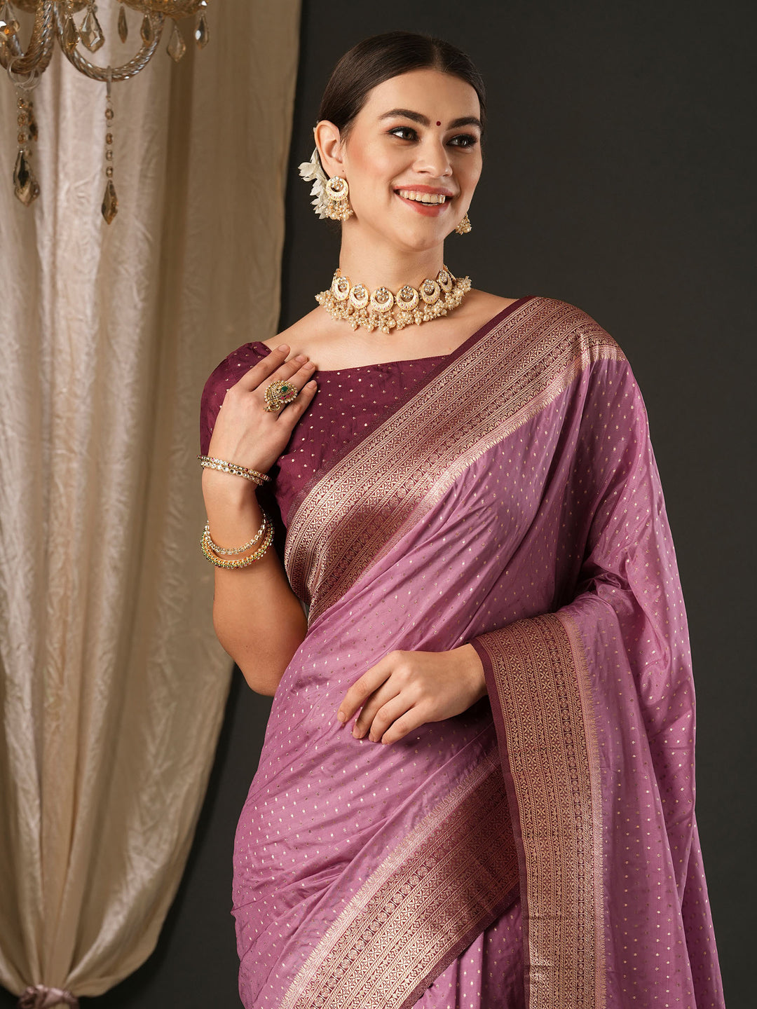 Silk Blend Magenta Woven Design Designer Saree With Blouse