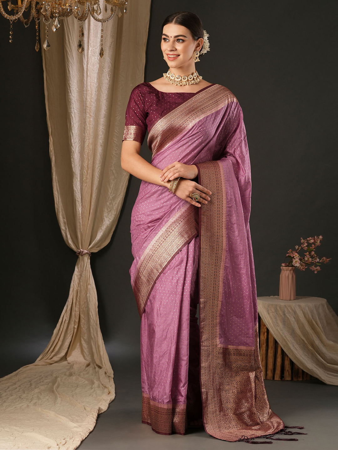 Silk Blend Magenta Woven Design Designer Saree With Blouse