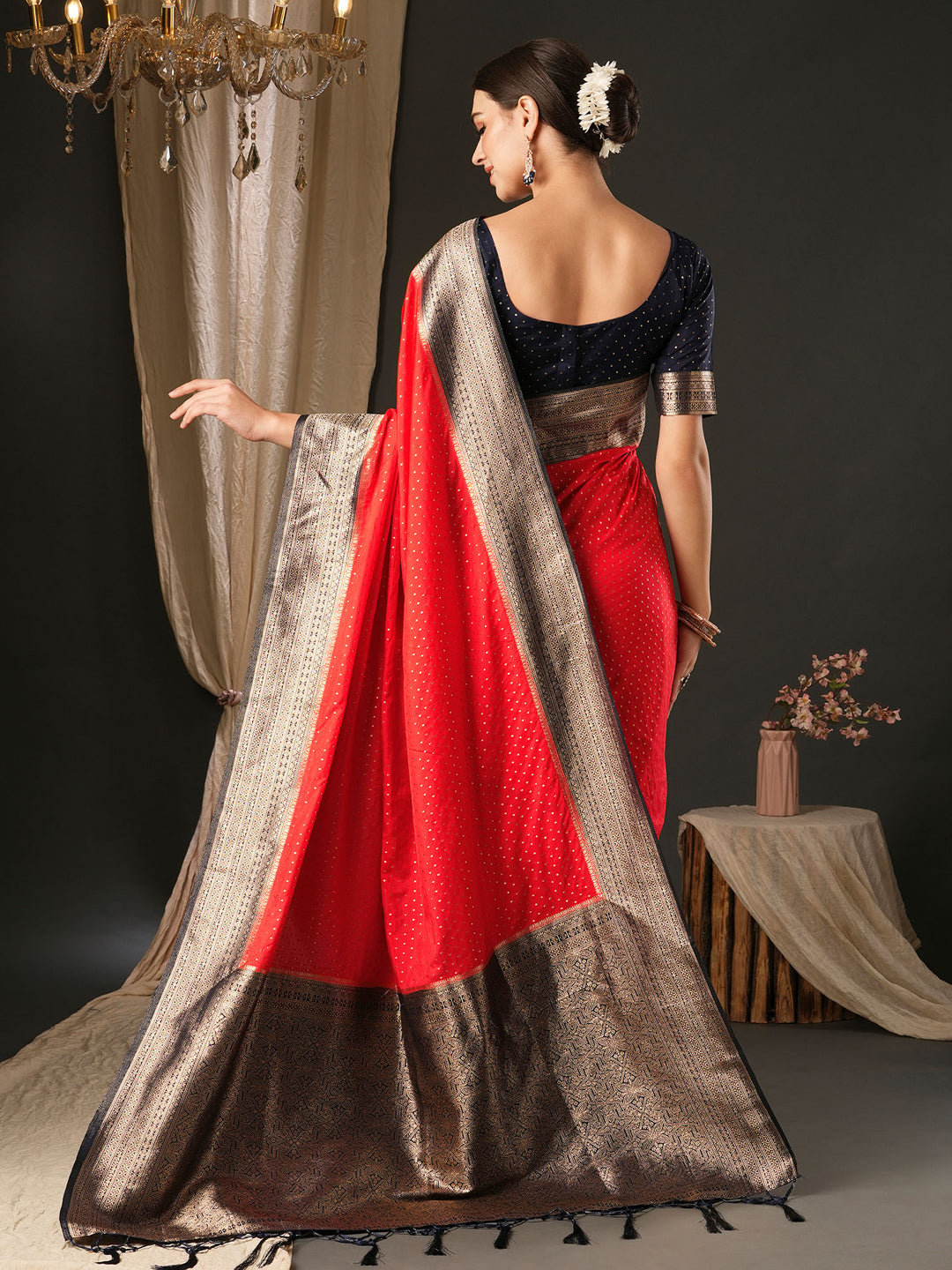 Silk Blend Navy Blue Woven Design Designer Saree With Blouse