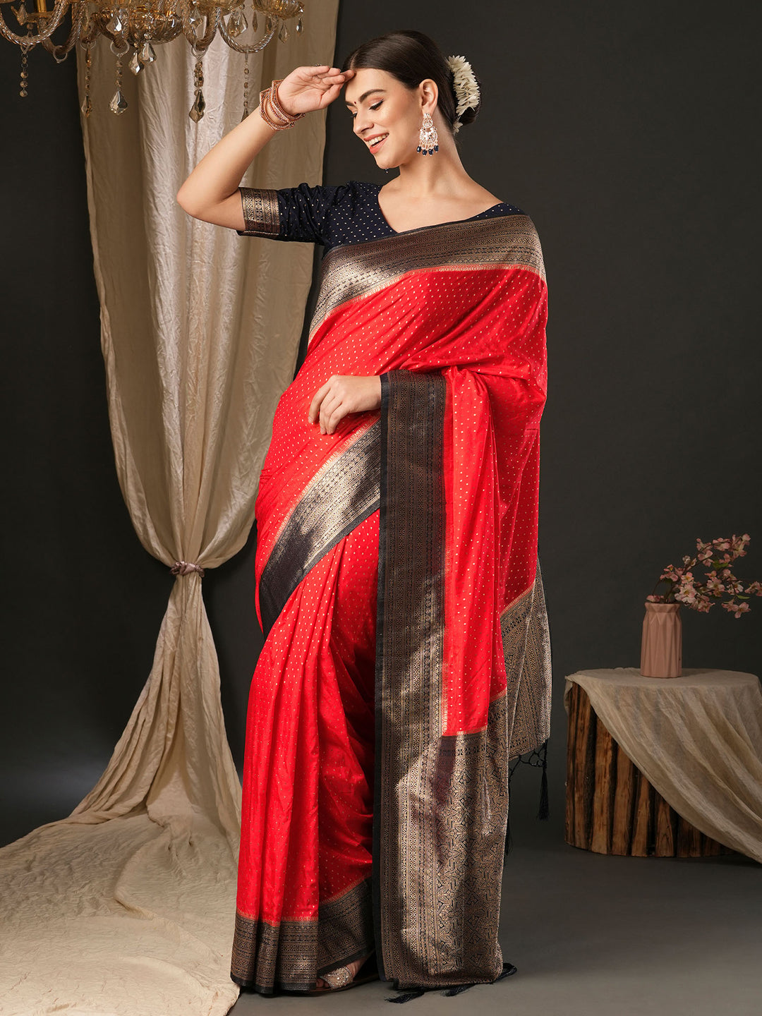 Silk Blend Navy Blue Woven Design Designer Saree With Blouse