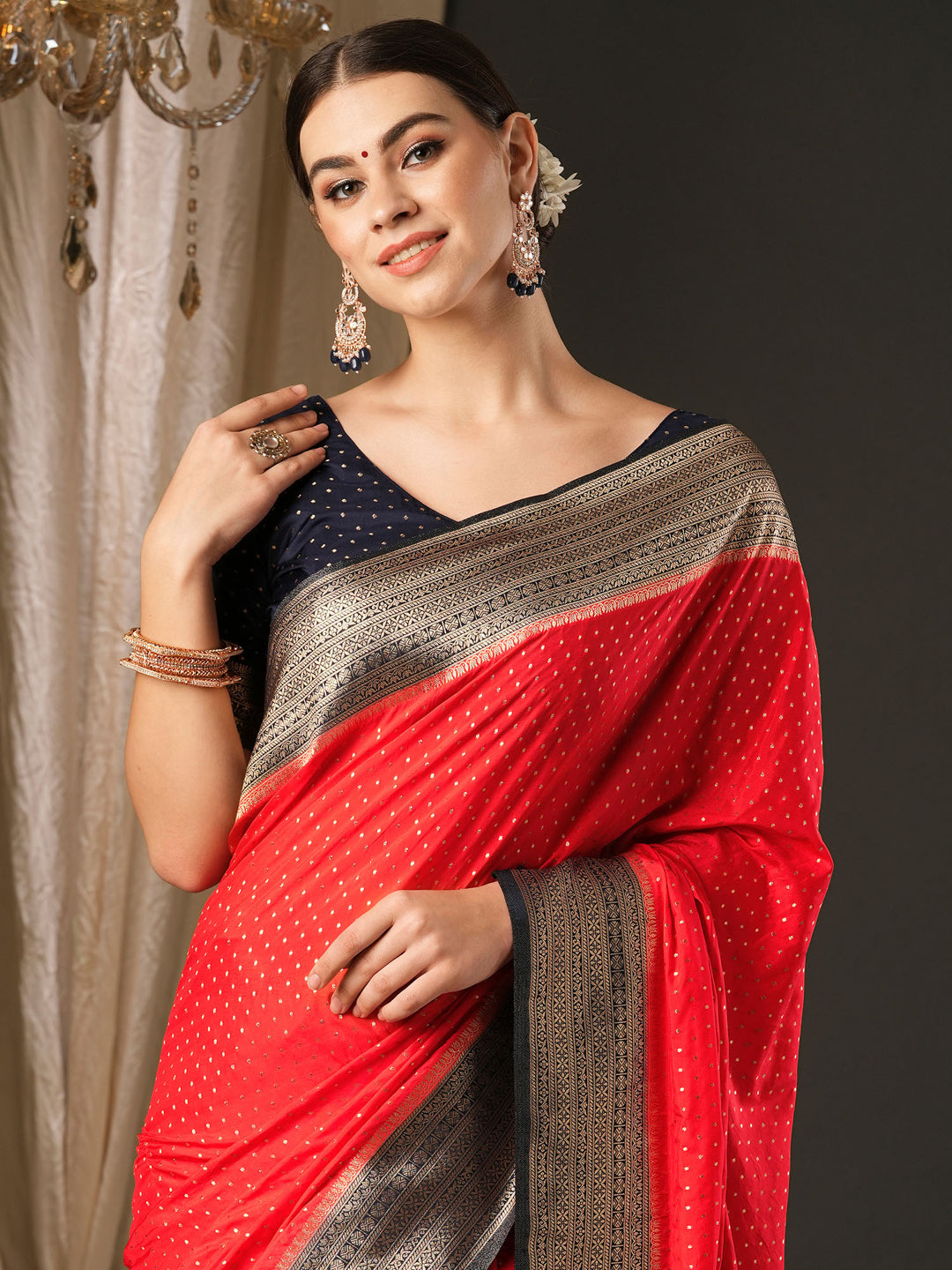 Silk Blend Navy Blue Woven Design Designer Saree With Blouse