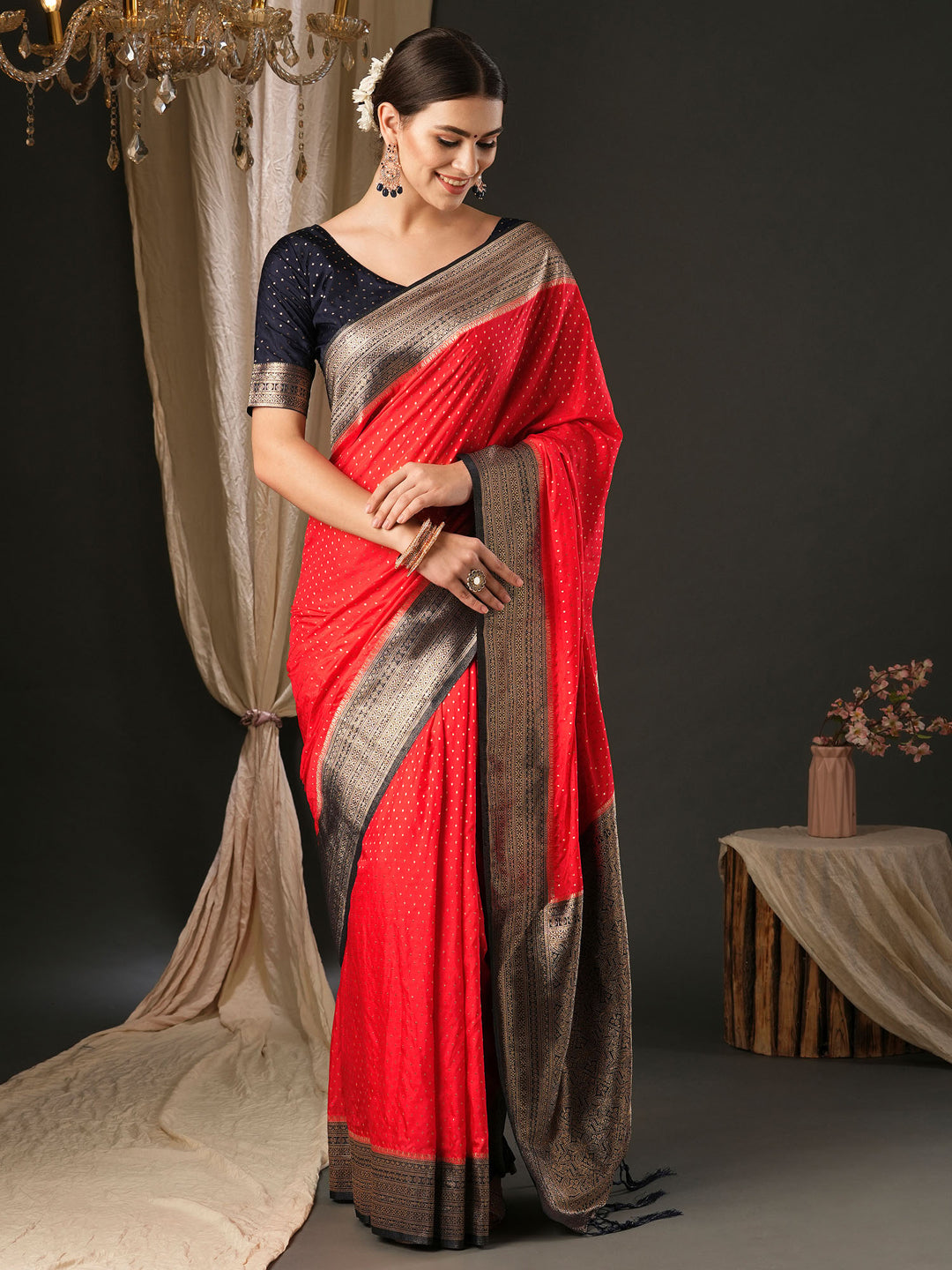 Silk Blend Navy Blue Woven Design Designer Saree With Blouse