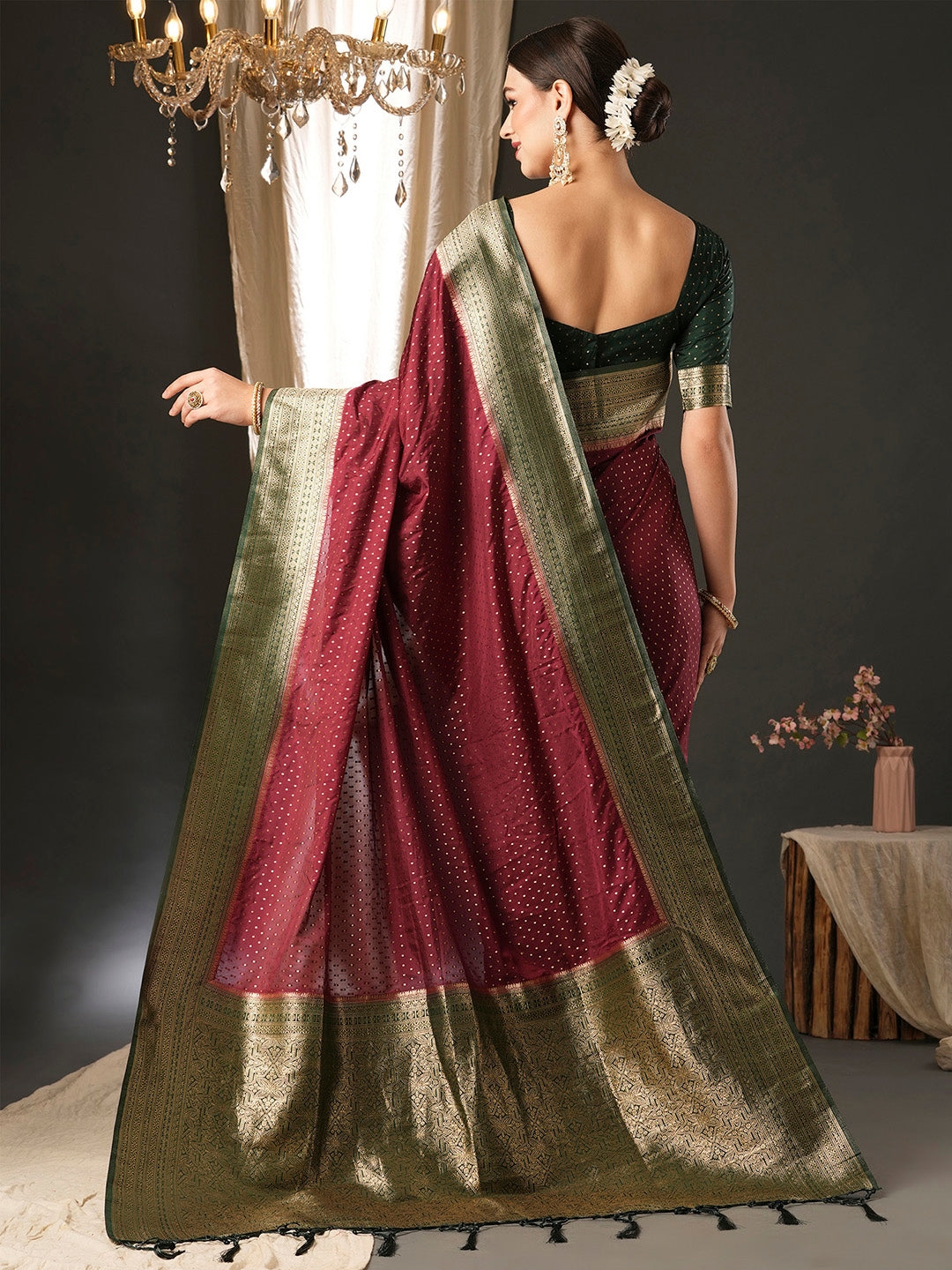 Silk Blend Dark Green Woven Design Designer Saree With Blouse