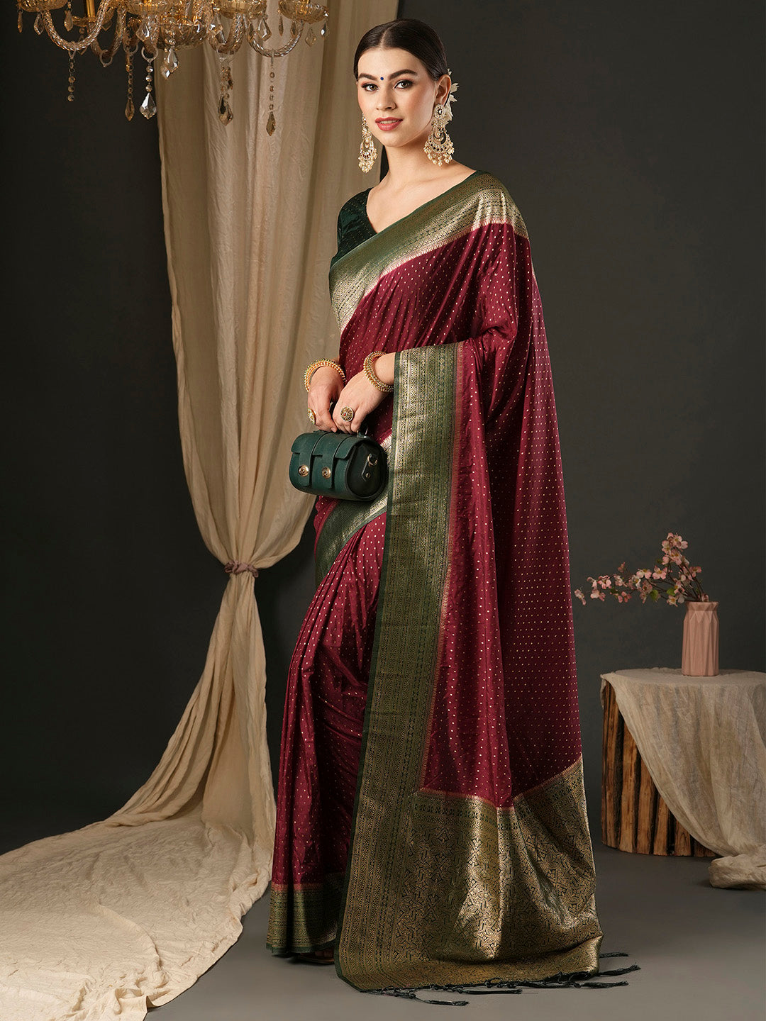 Silk Blend Dark Green Woven Design Designer Saree With Blouse