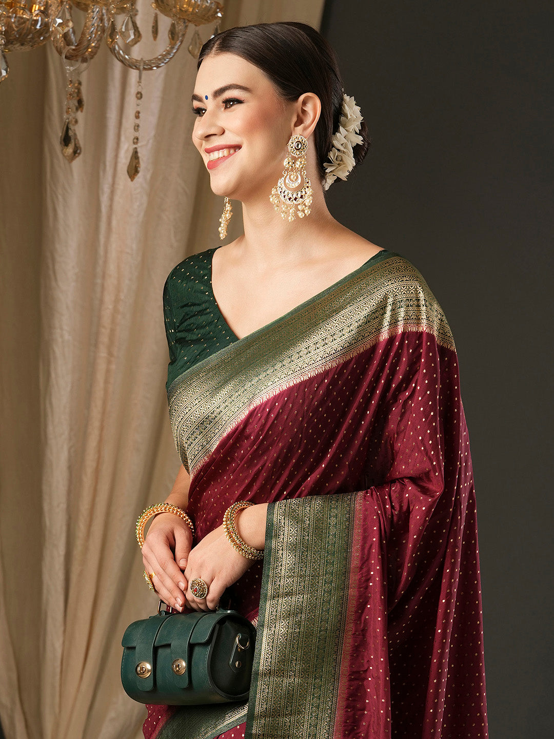 Silk Blend Dark Green Woven Design Designer Saree With Blouse