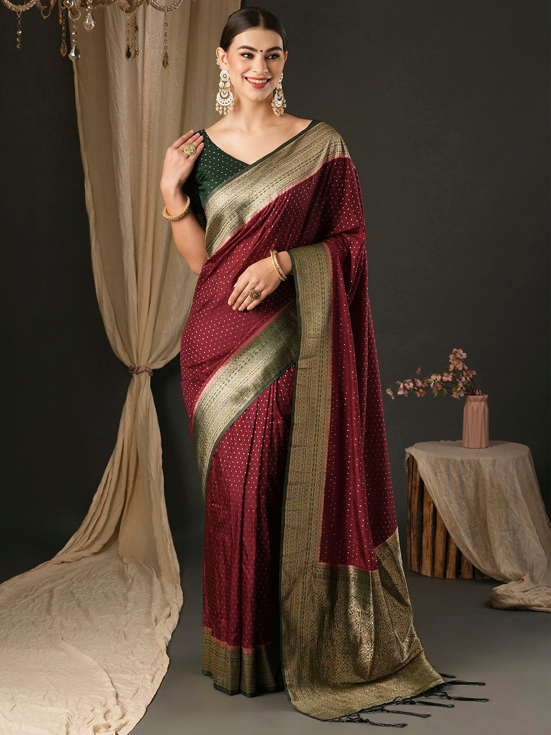 Silk Blend Dark Green Woven Design Designer Saree With Blouse