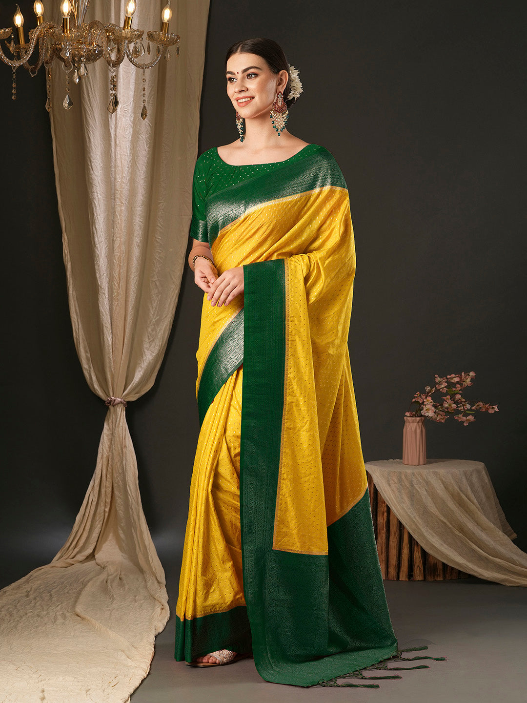 Silk Blend Yellow Woven Design Designer Saree With Blouse