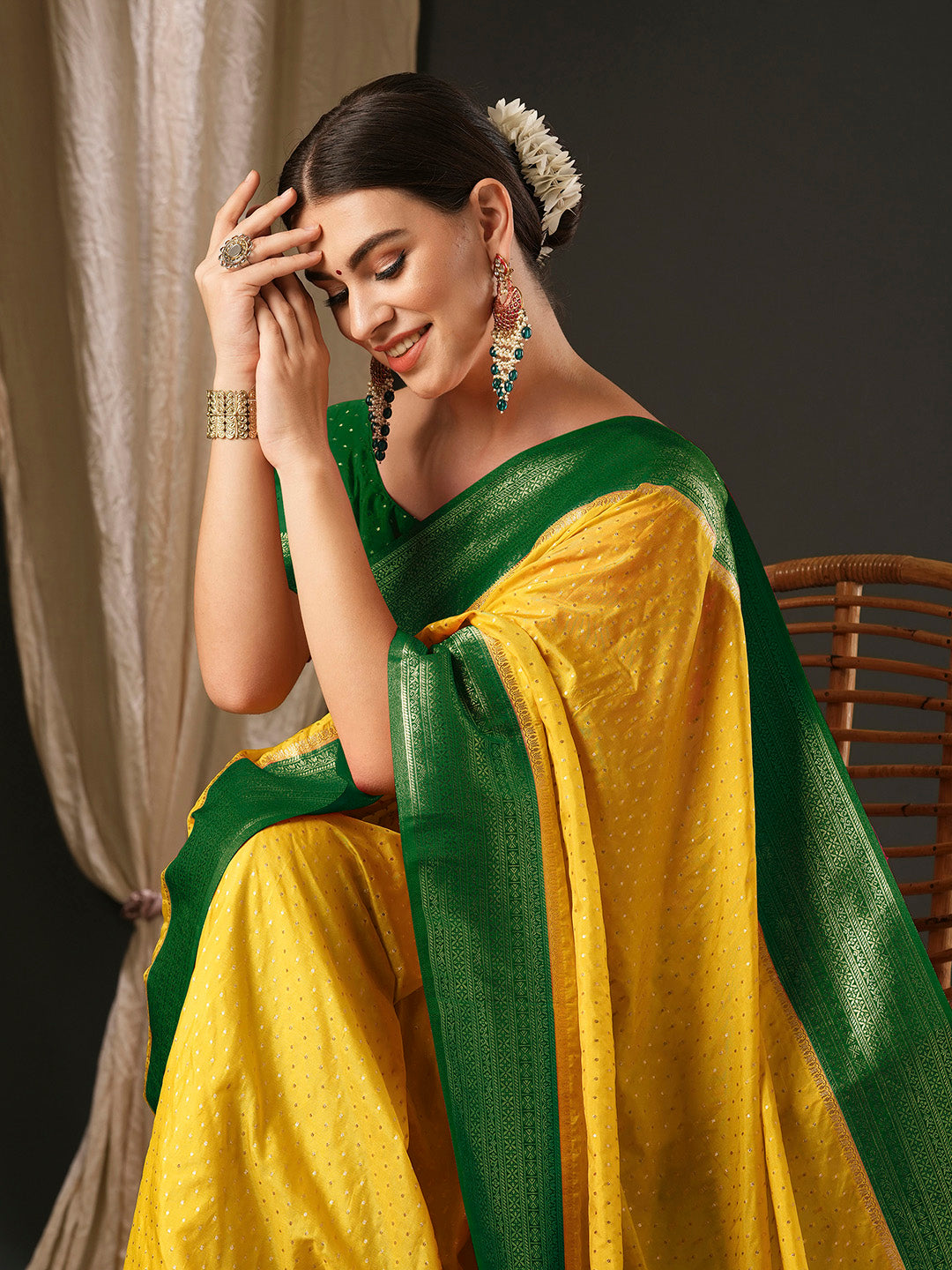 Silk Blend Yellow Woven Design Designer Saree With Blouse