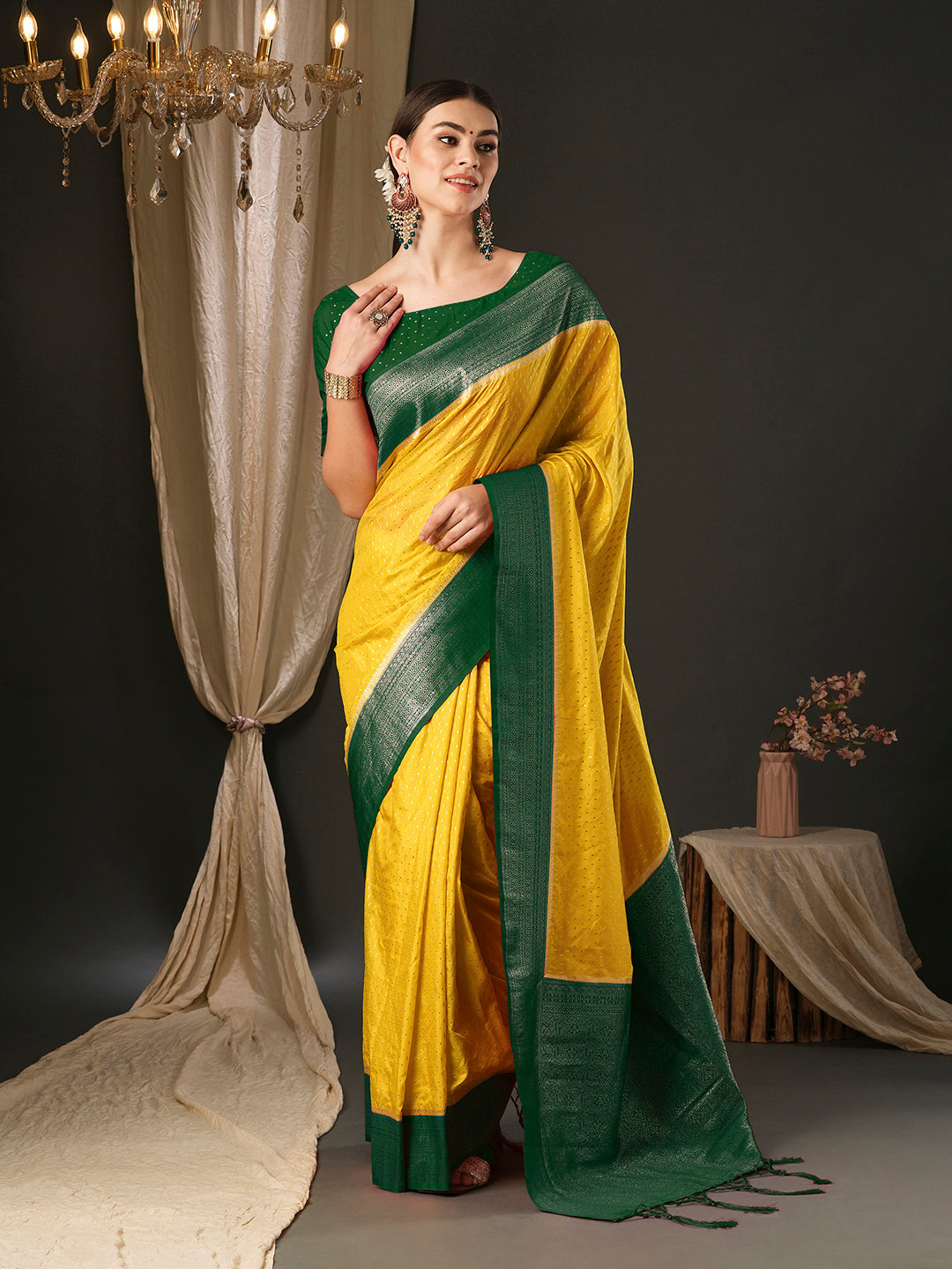 Silk Blend Yellow Woven Design Designer Saree With Blouse