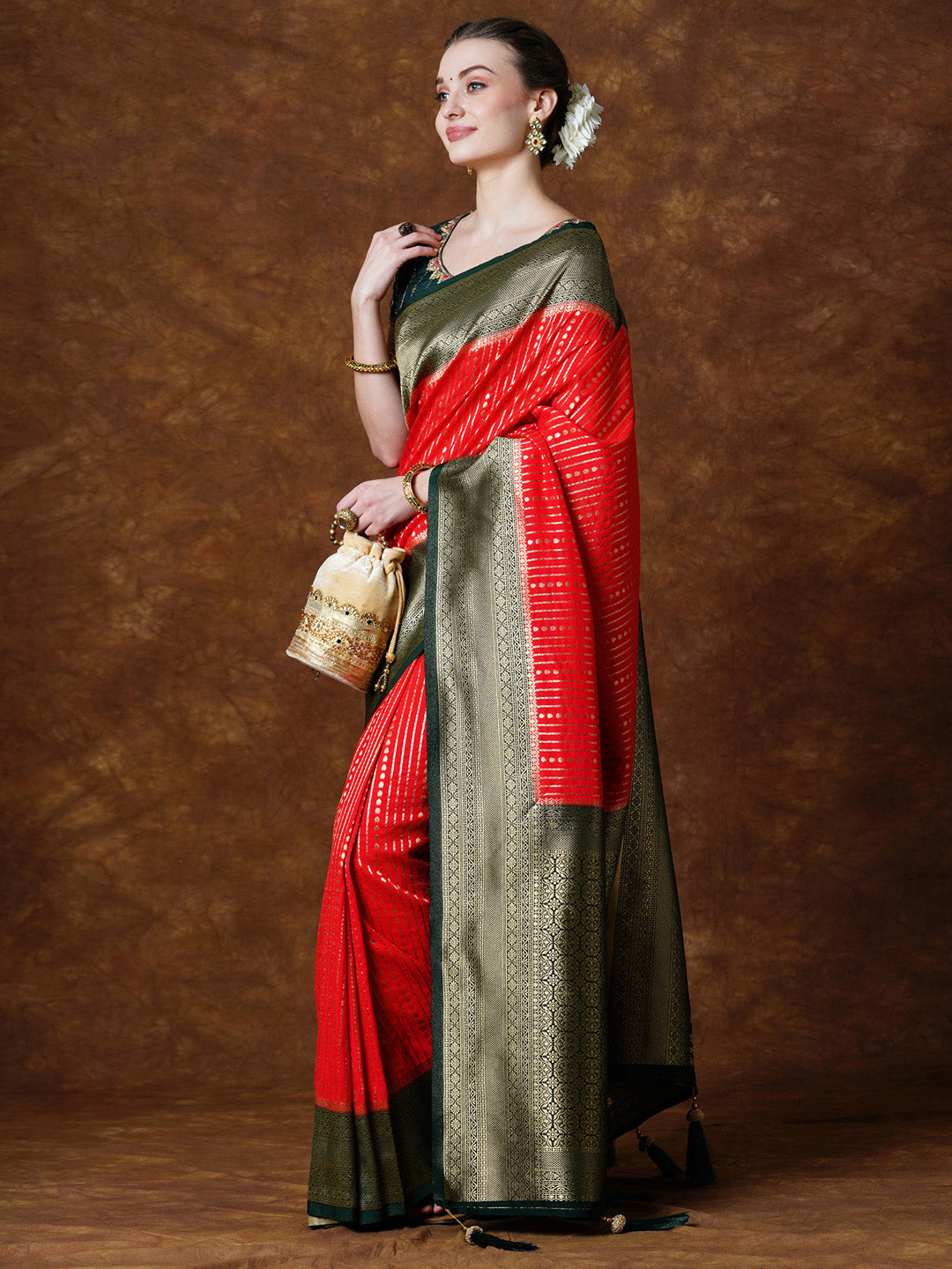 Georgette Red Woven Design Designer Saree With Blouse