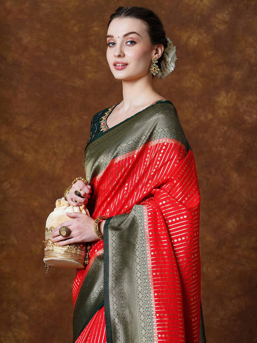 Georgette Red Woven Design Designer Saree With Blouse