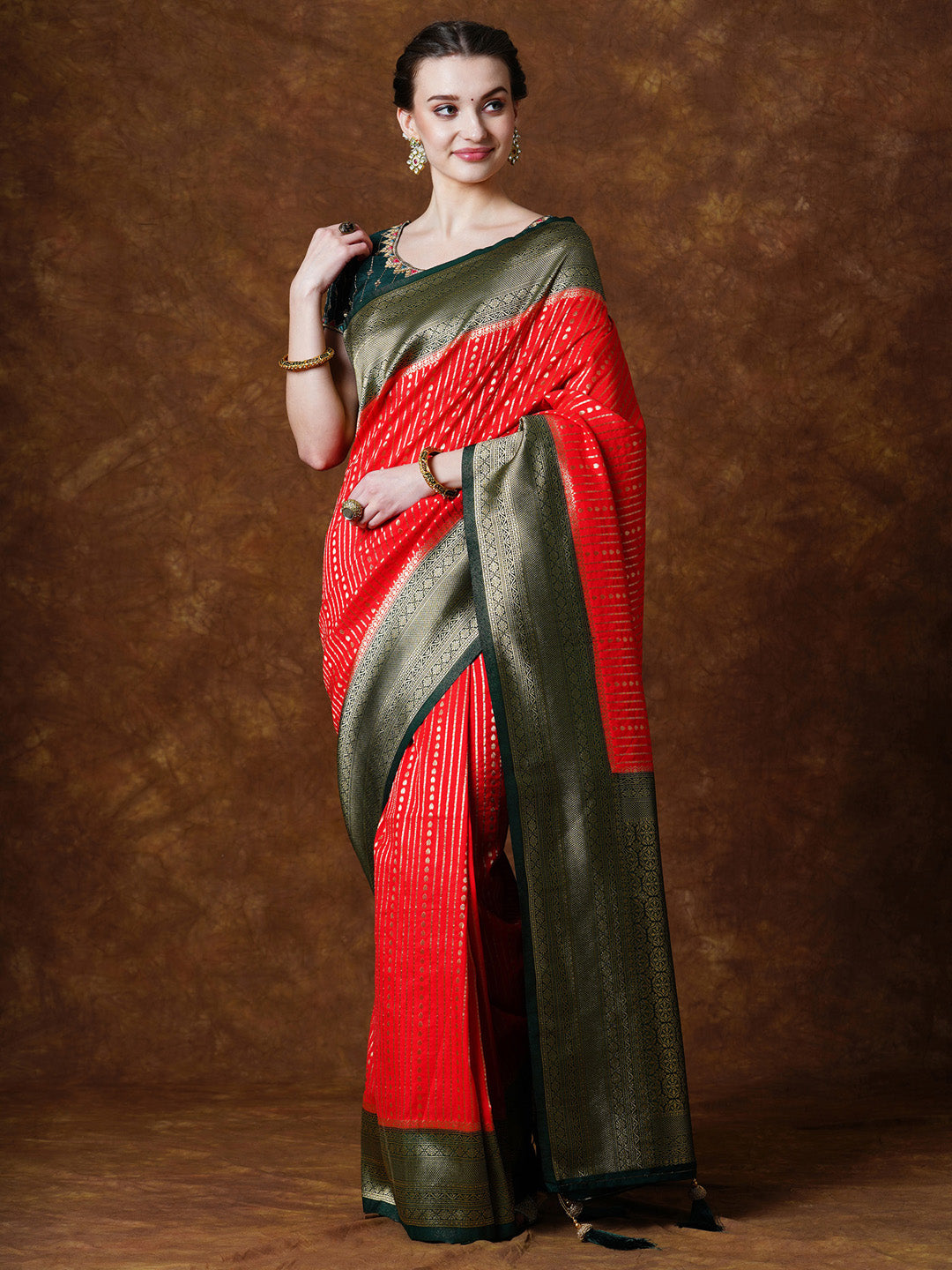 Georgette Red Woven Design Designer Saree With Blouse