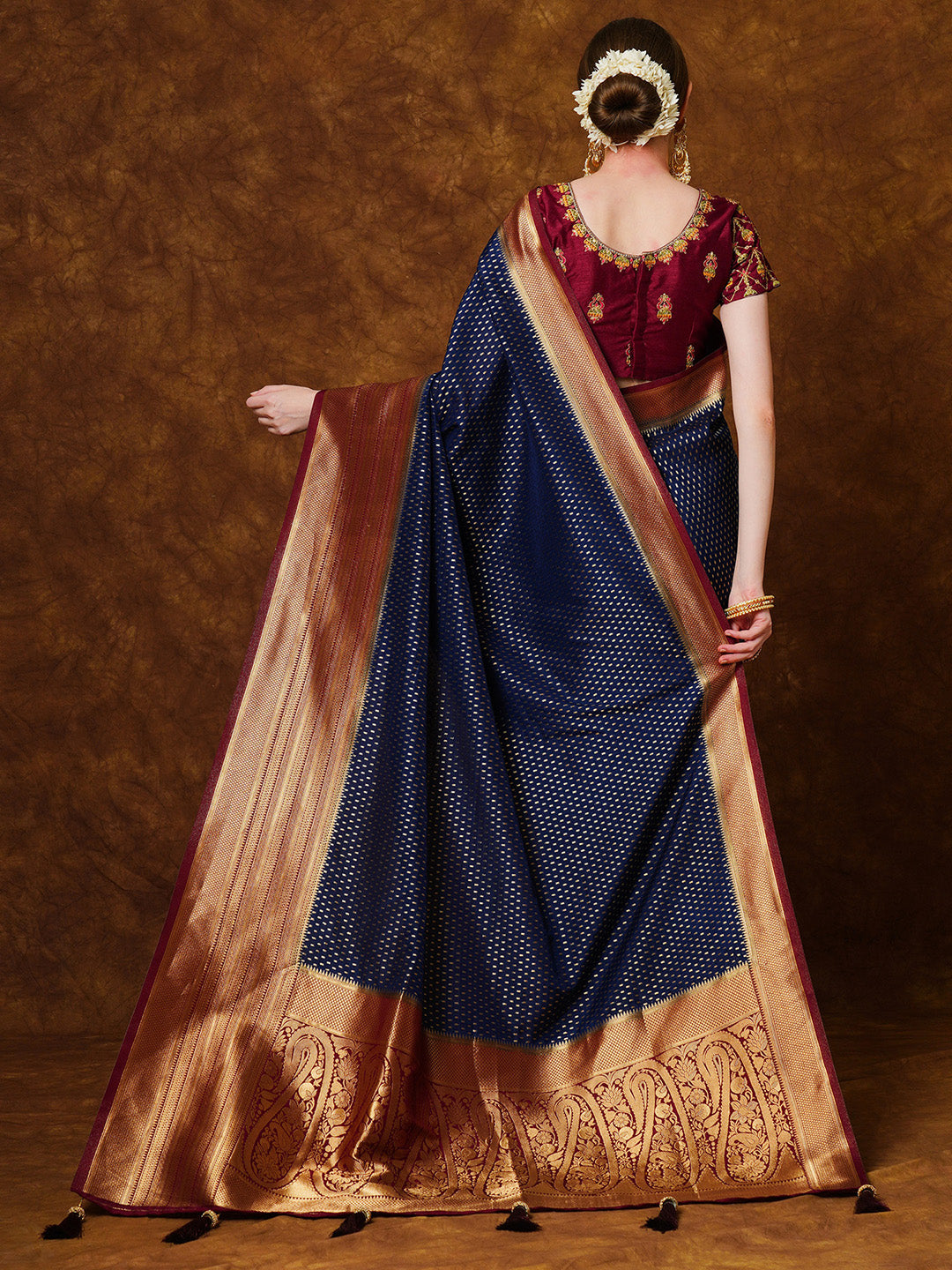 Georgette Navy Blue Woven Design Designer Saree With Blouse