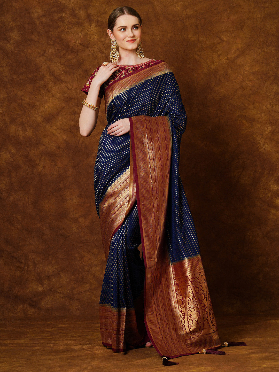 Georgette Navy Blue Woven Design Designer Saree With Blouse