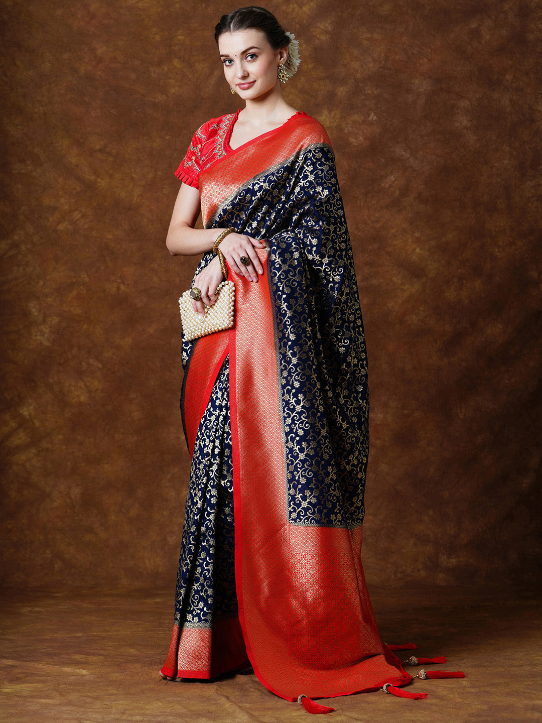 Georgette Navy Blue Woven Design Designer Saree With Blouse