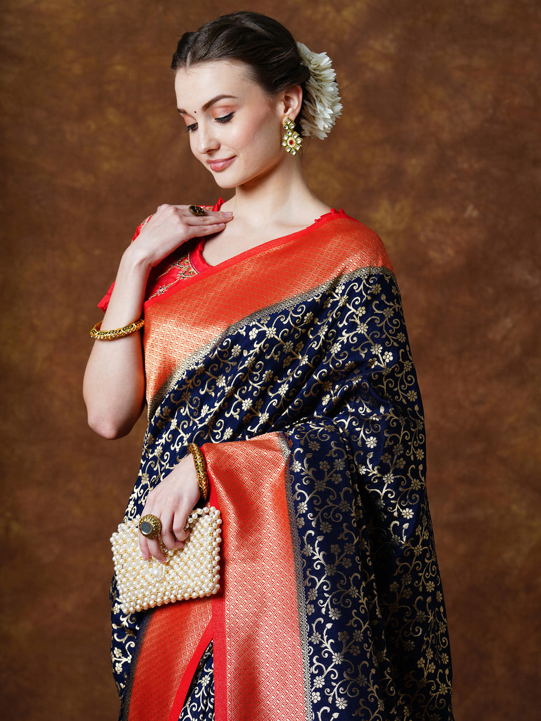 Georgette Navy Blue Woven Design Designer Saree With Blouse