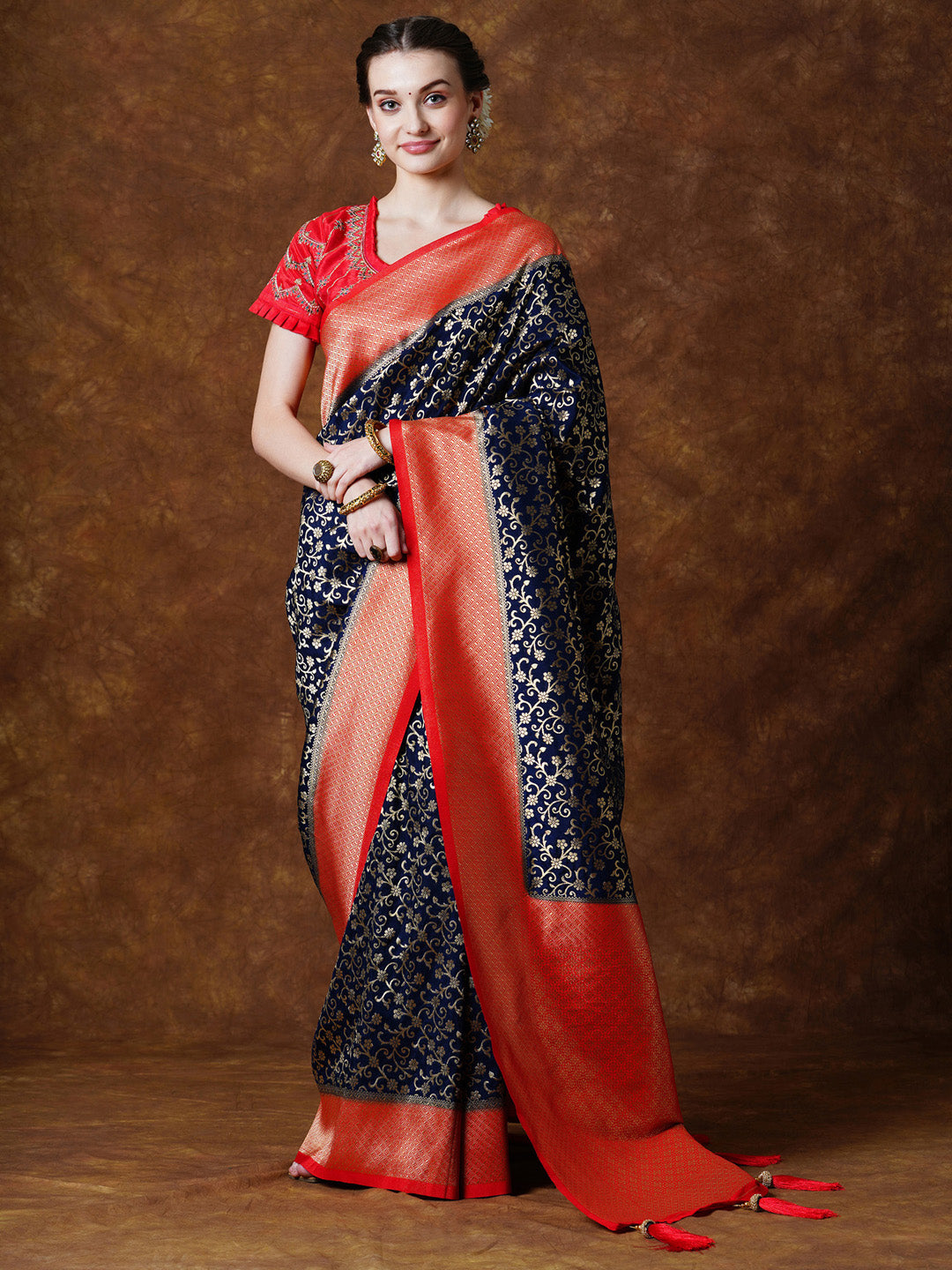 Georgette Navy Blue Woven Design Designer Saree With Blouse