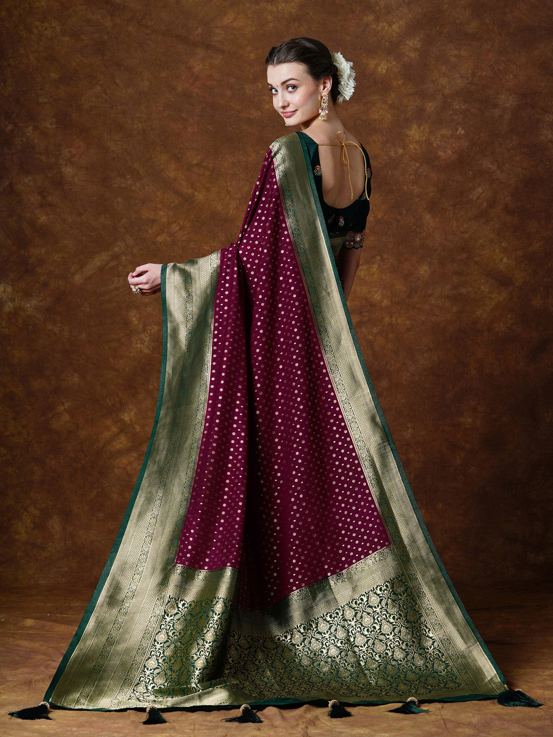 Georgette Burgundy Woven Design Designer Saree With Blouse