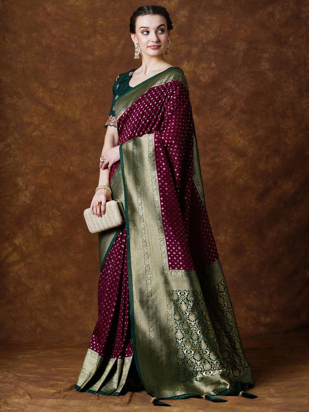 Georgette Burgundy Woven Design Designer Saree With Blouse