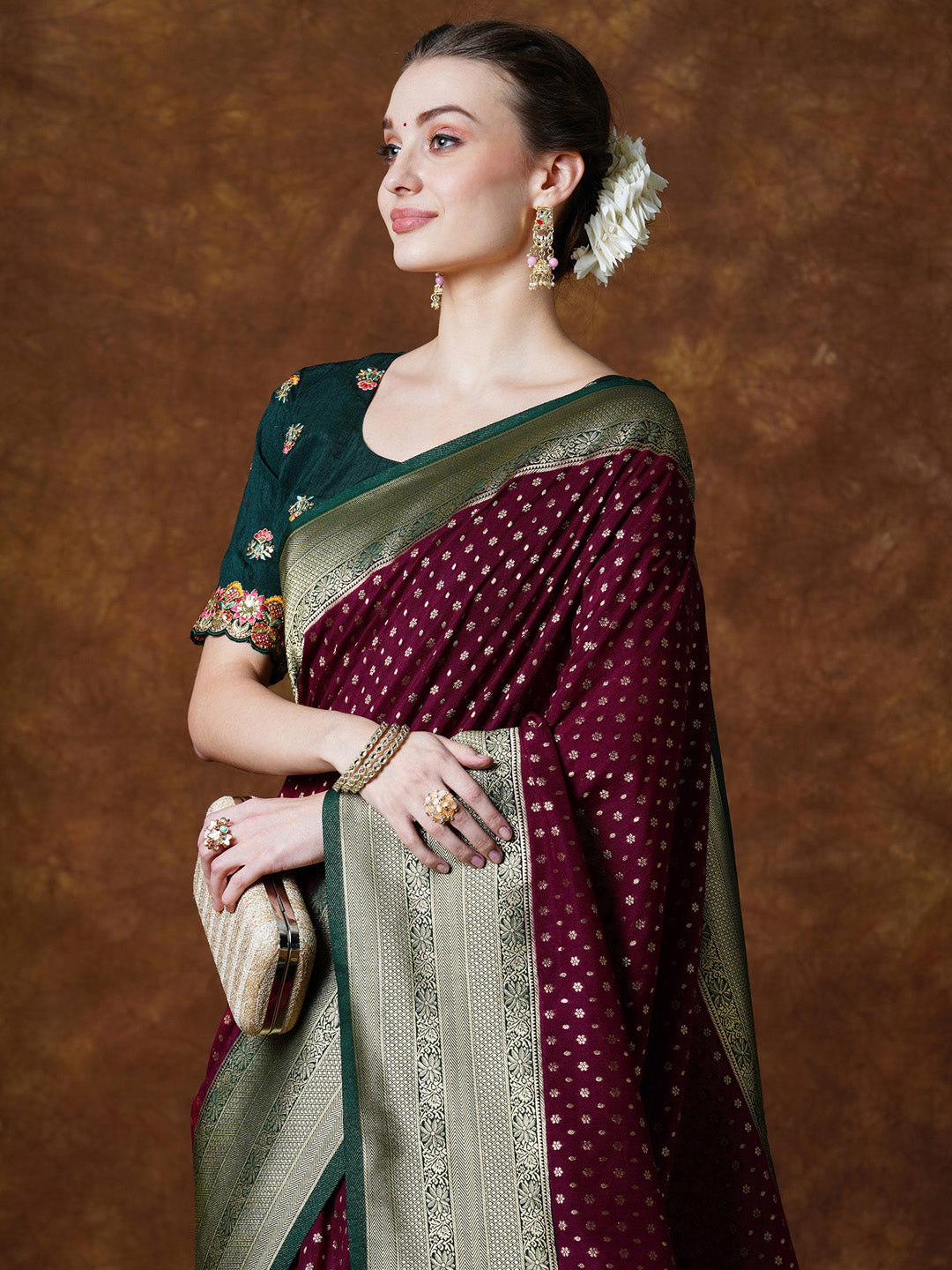 Georgette Burgundy Woven Design Designer Saree With Blouse