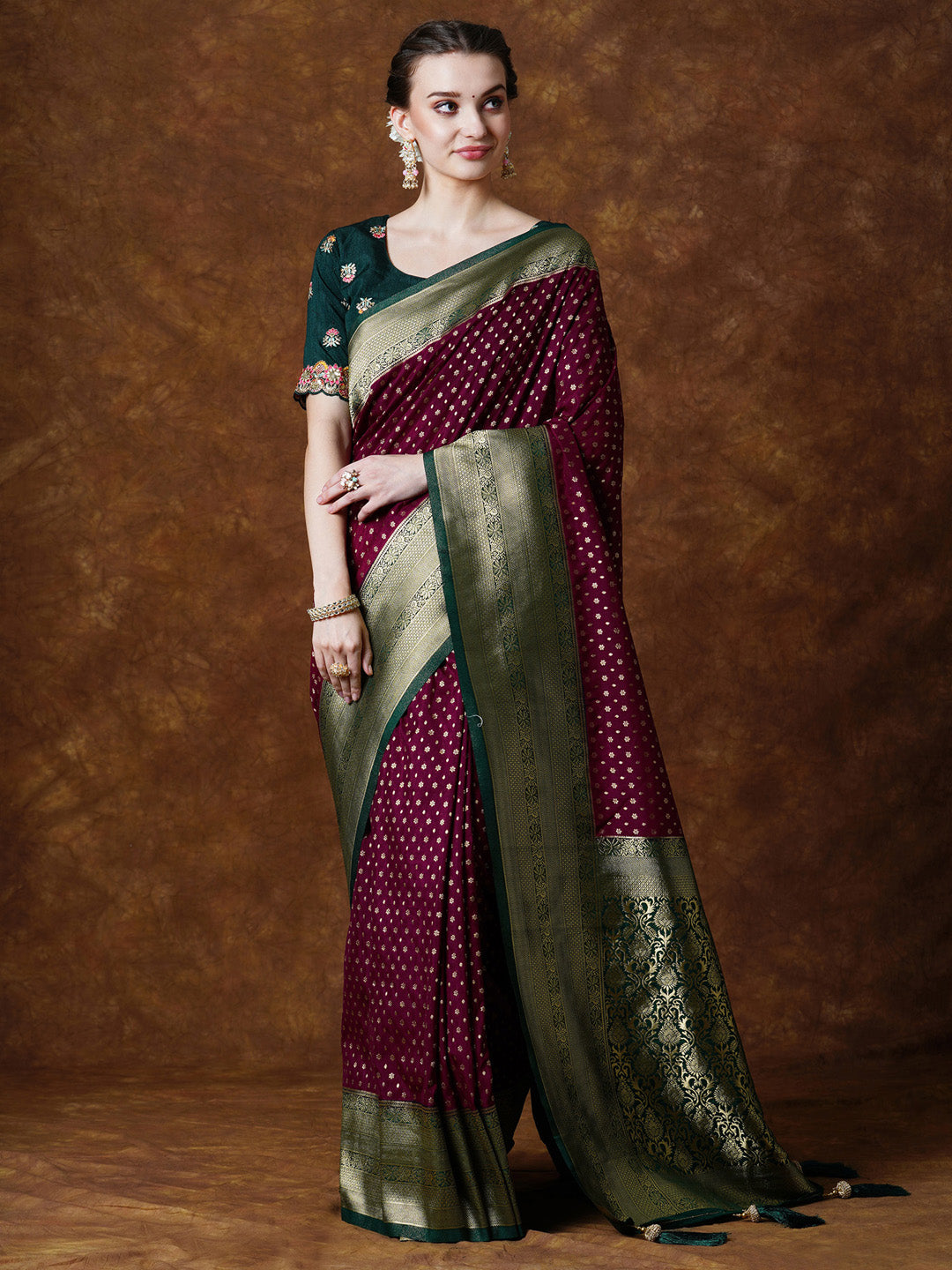 Georgette Burgundy Woven Design Designer Saree With Blouse