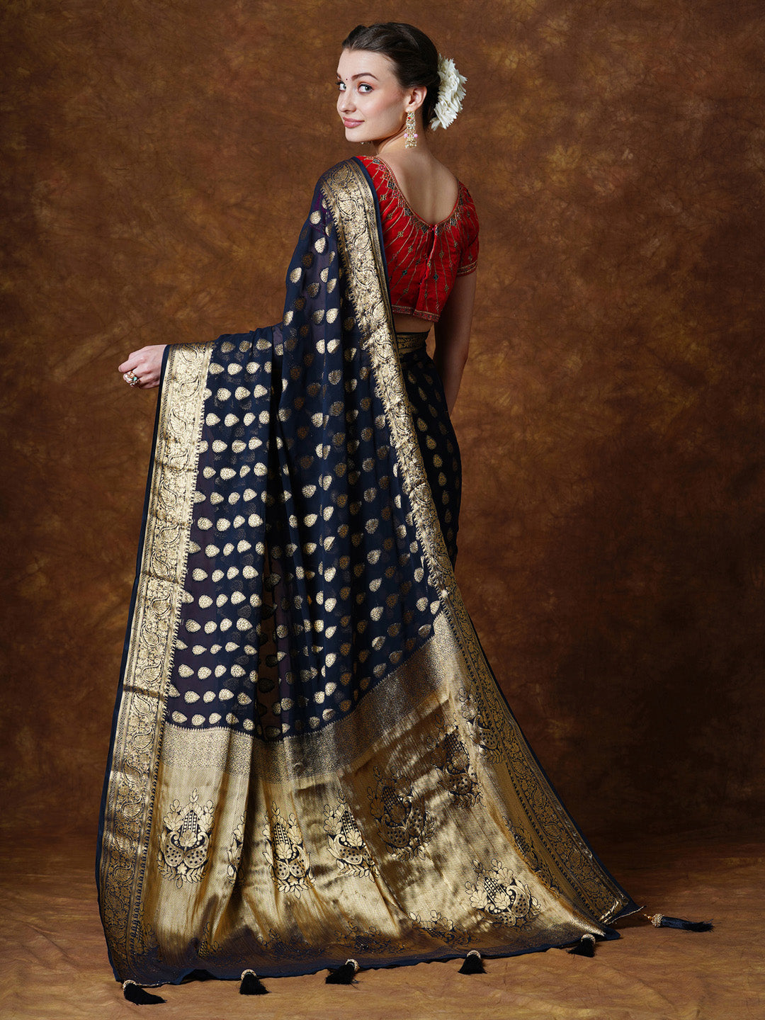 Georgette Navy Blue Woven Design Designer Saree With Blouse