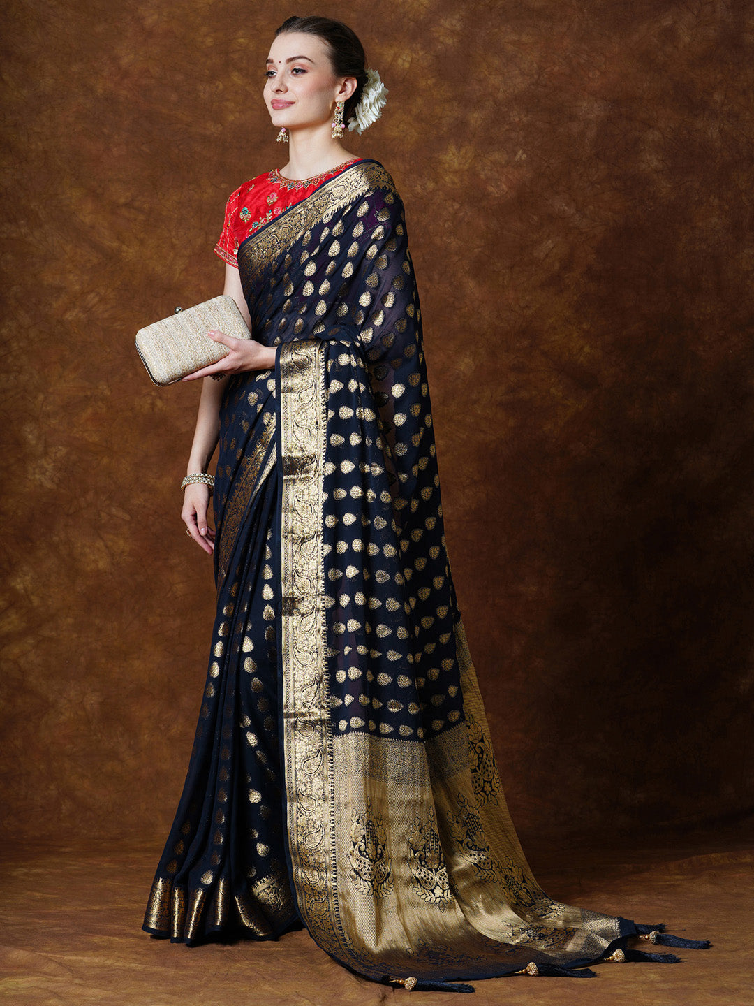 Georgette Navy Blue Woven Design Designer Saree With Blouse