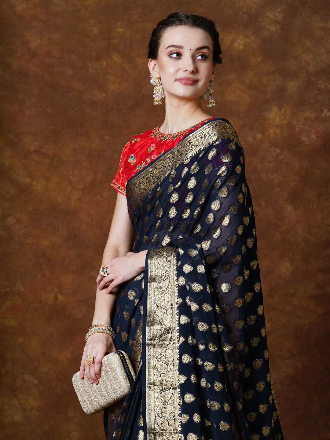 Georgette Navy Blue Woven Design Designer Saree With Blouse