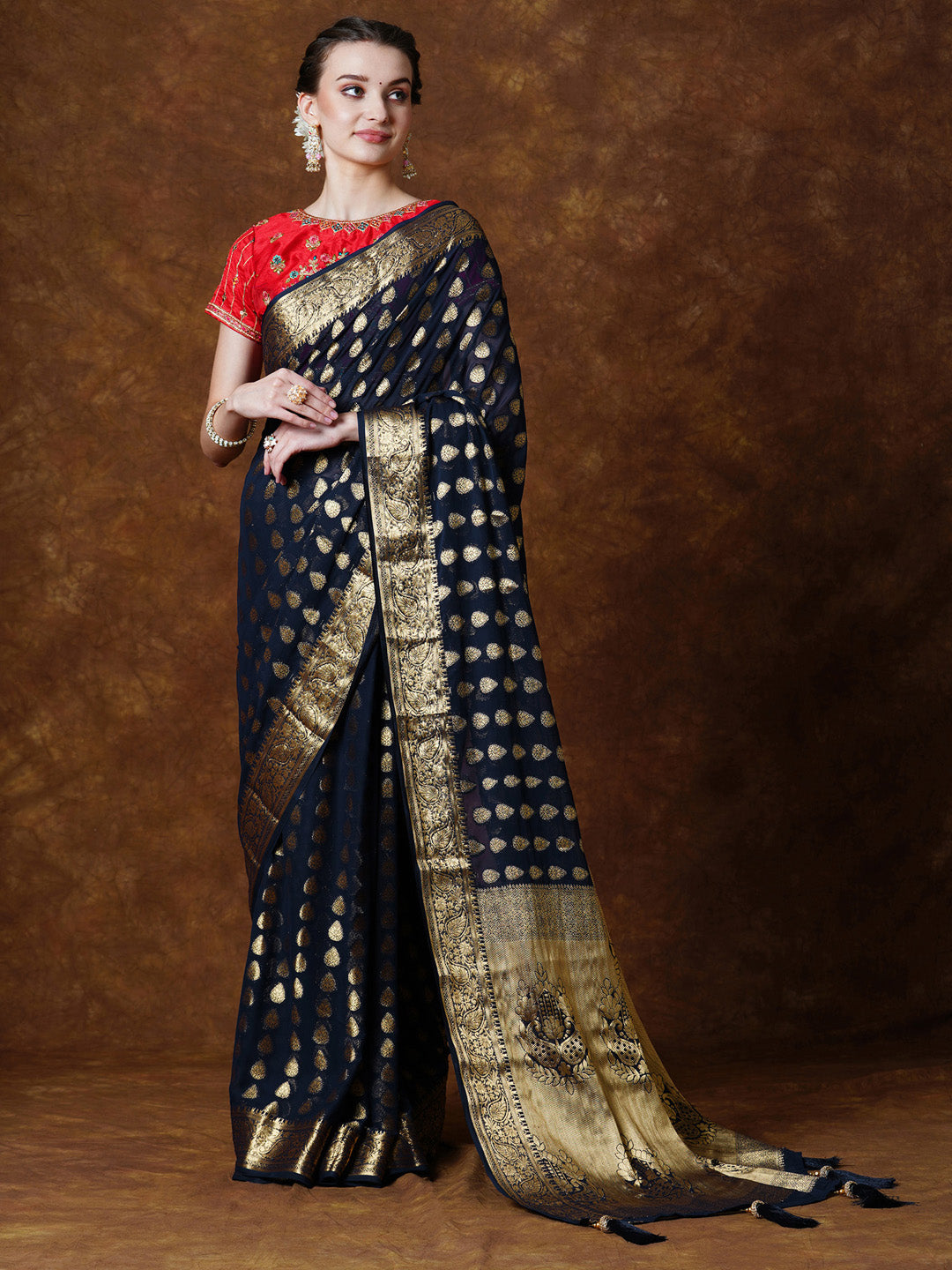 Georgette Navy Blue Woven Design Designer Saree With Blouse