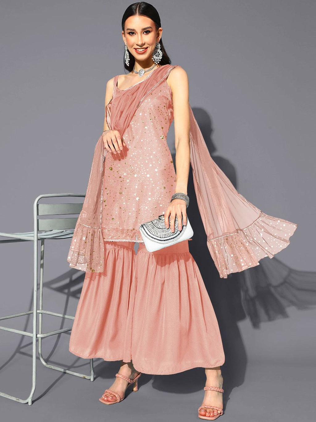 Abstract Printed Square Neck Net Kurti With Sharara & Dupatta-AH