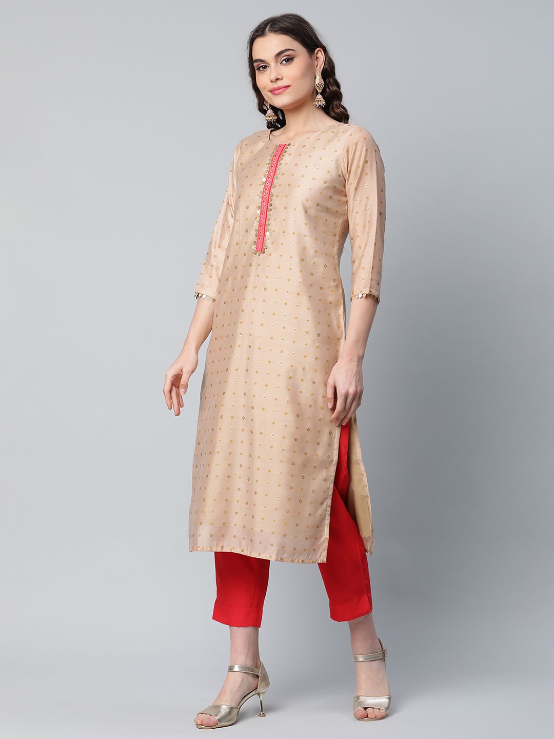 Beige & Red Chanderi Printed Kurta Pant Set