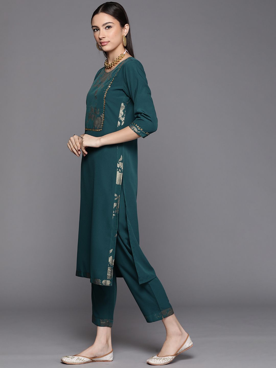 Dark Green Printed Kurta Pant Set With Dupatta