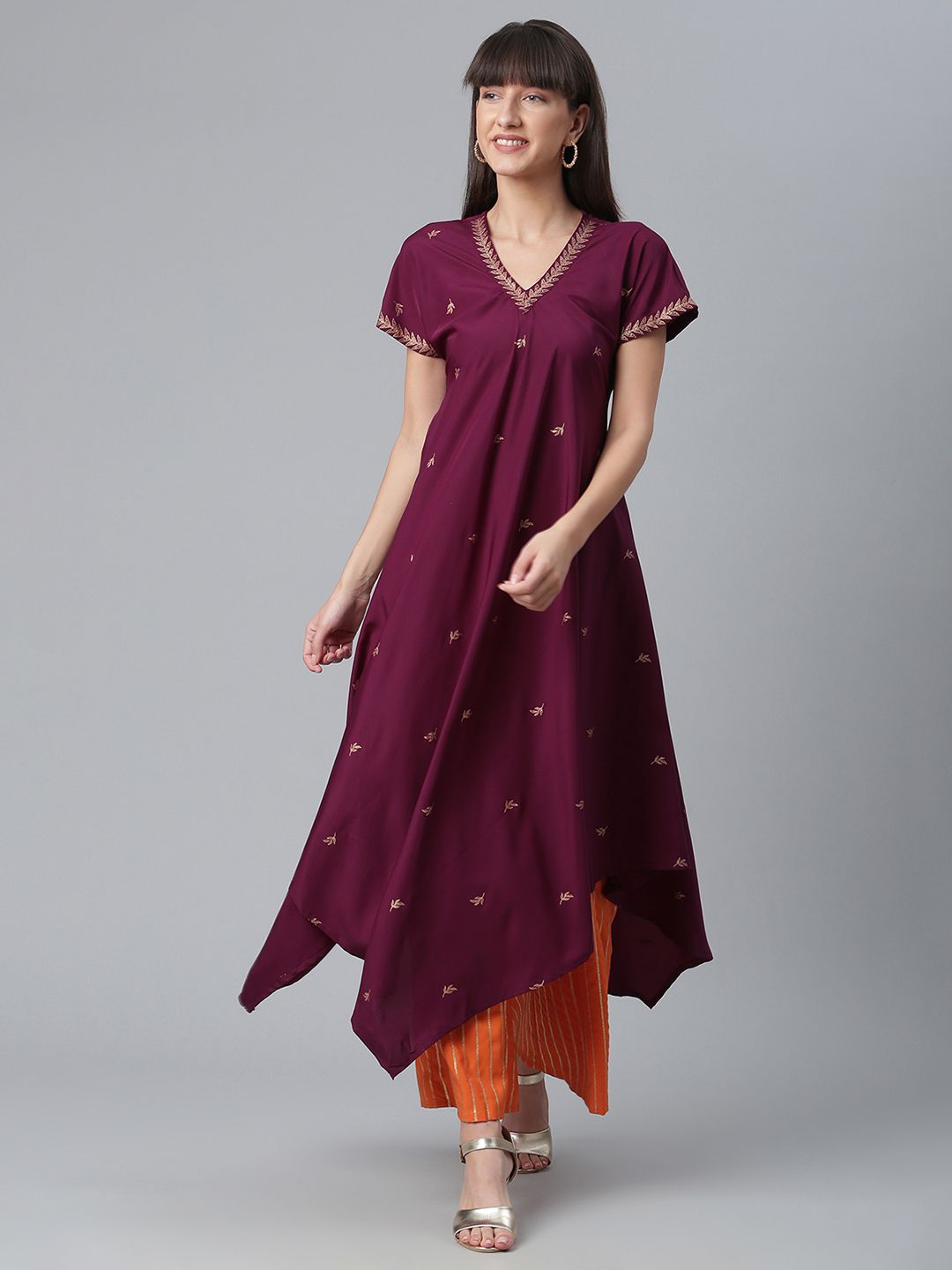 Burgundy Glitter Print Kimono Style Kurta With Palazzo