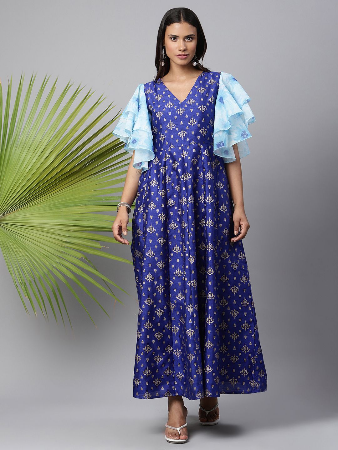 Royal Blue Poly Silk Gold Paste Printed Dress