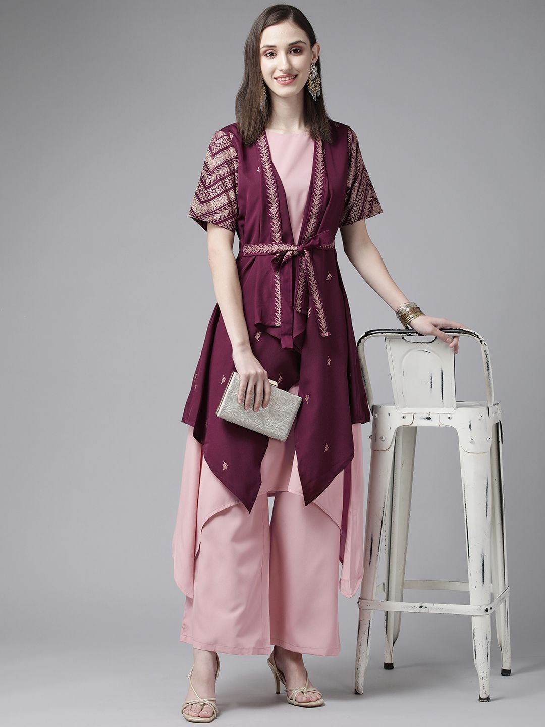 Rose Pink Crepe Kurta Palazzos Set With Burgundy Jacket