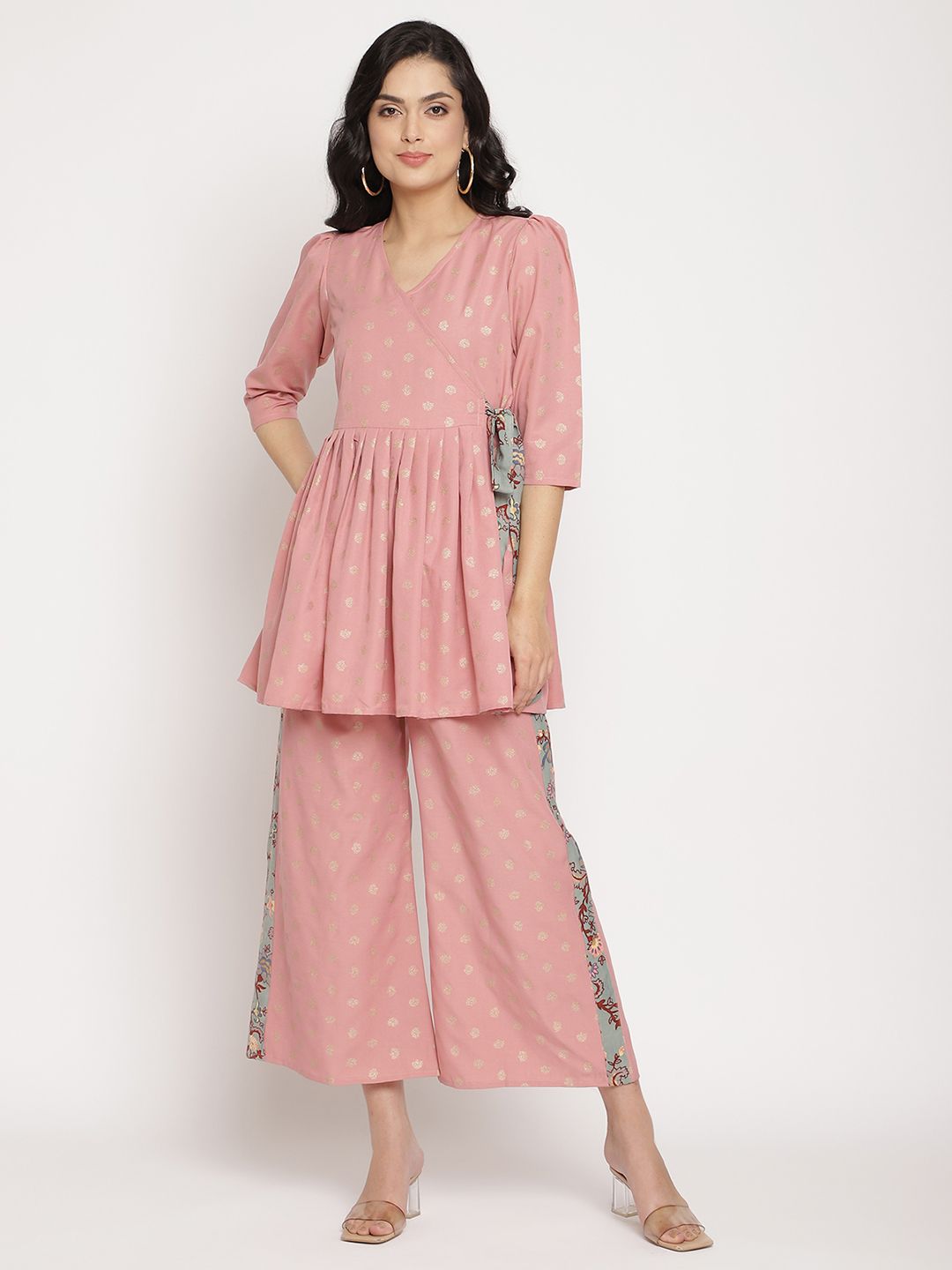 Pink Printed Angrakha Kurti with Palazzos