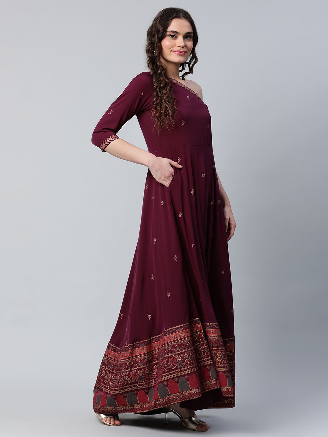 Burgundy & Gold-Toned Printed One Shoulder Ethnic Maxi Dress