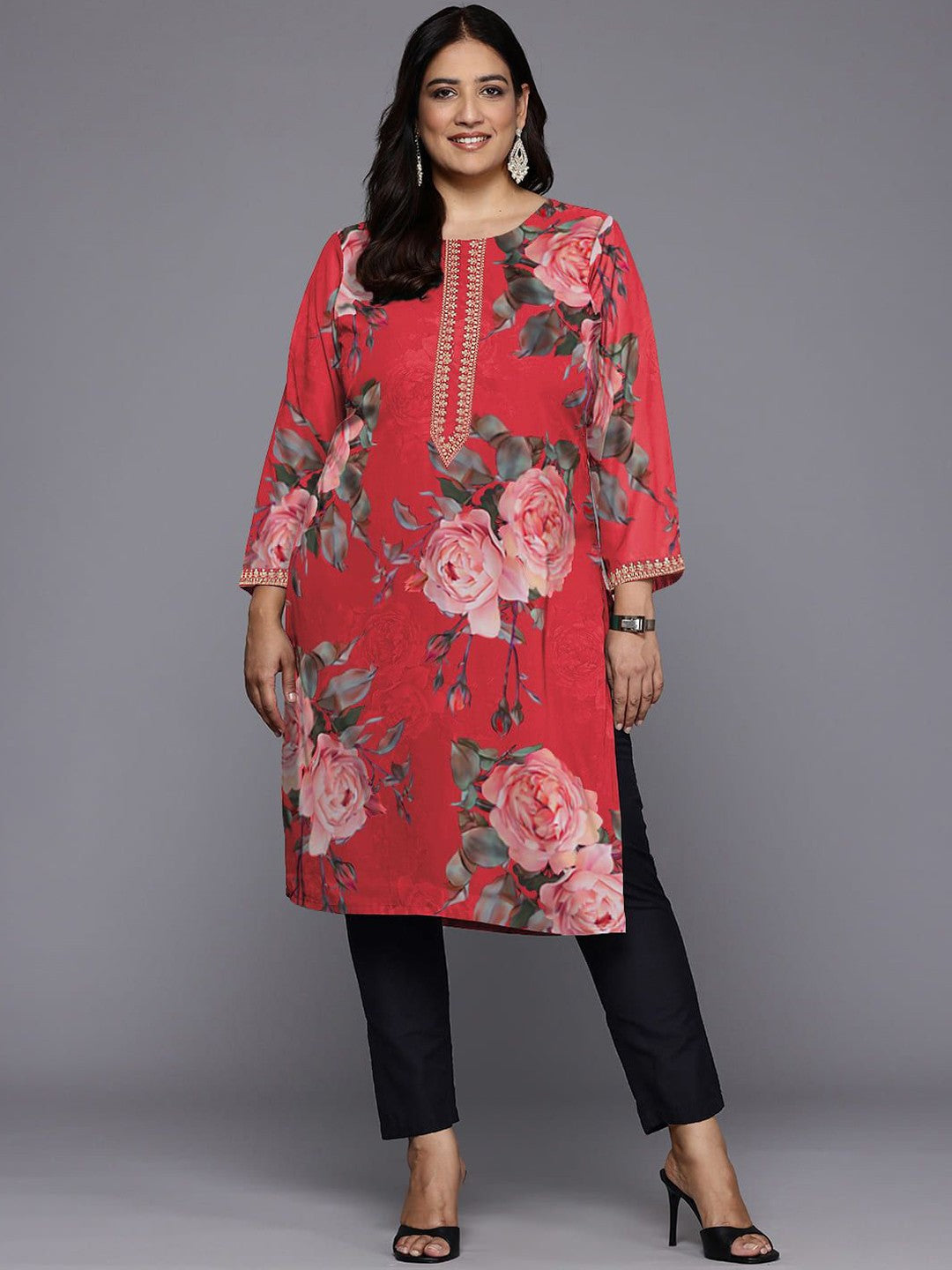 Plus Size Floral Printed Round Neck Straight Kurta