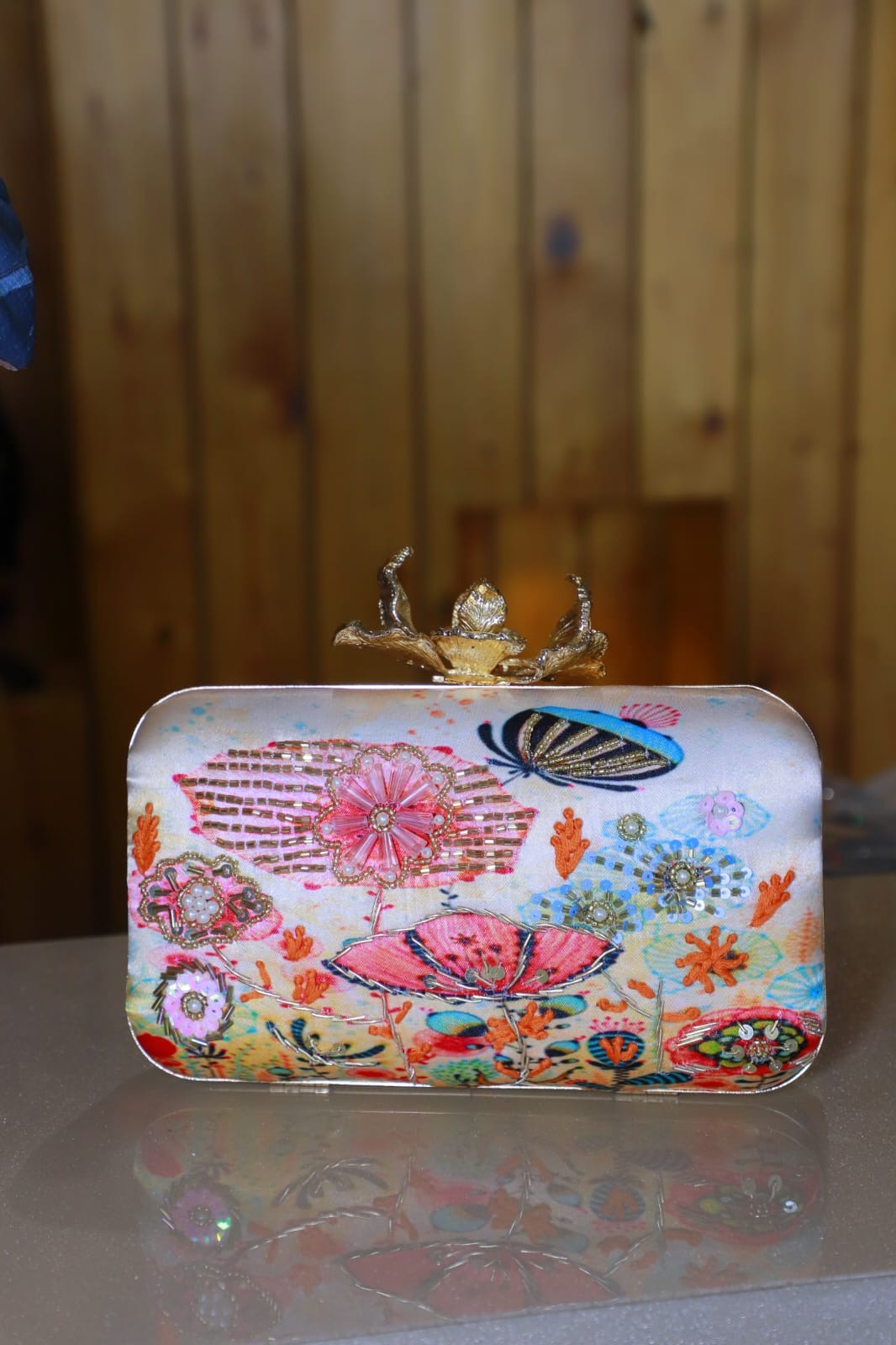 Thread Beaded Work Heavy Embroidery Satin Lock Open Multi Colour Women Handbag