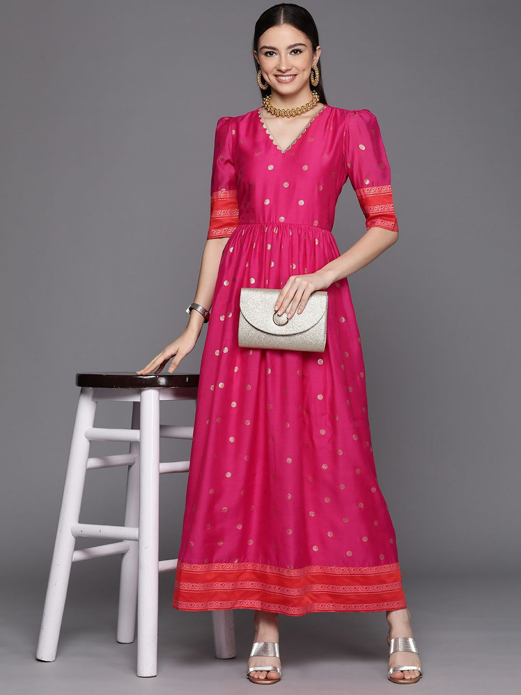 Pink Chanderi Gold Foil Print Dress-AH